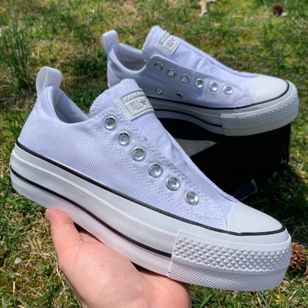 Converse CTAS Lift Slip-On Platform White Silver Glitter